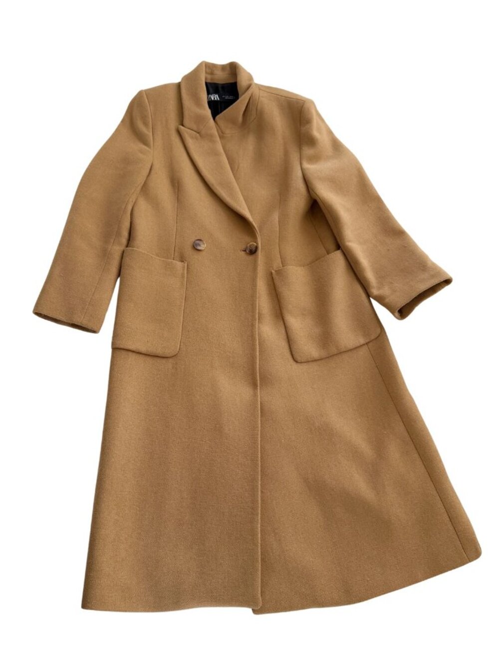 ZARA Camel Double Breasted Long Tailored Overcoat Coat